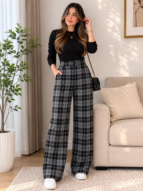 شلوار چهارخونه زنانه نخی